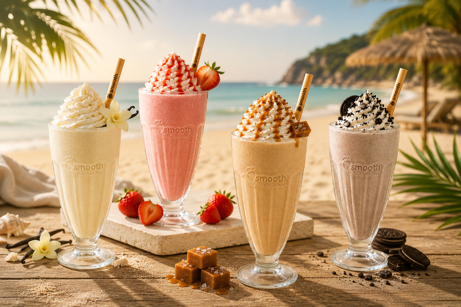 Vier Smooth Milkshakes am Strand