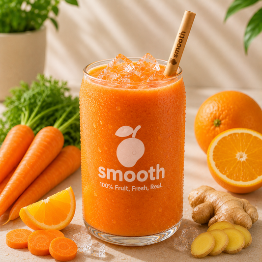 Ginger-Carrots Mix Smoothie Produktbild im hellen Premium-Stil mit Smooth Logo