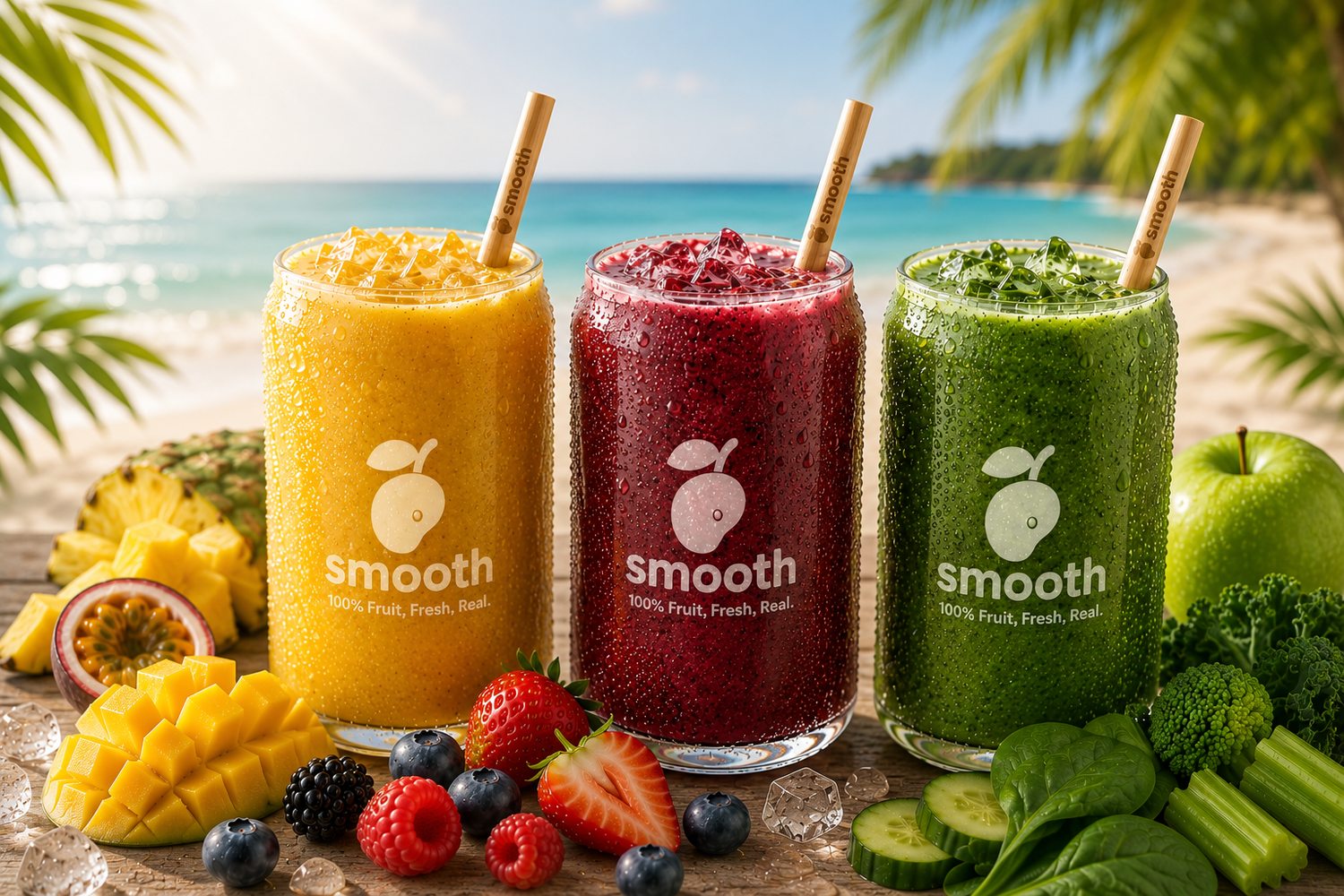 Drei Smooth Smoothies (Mango, Beere, Green) am Strand