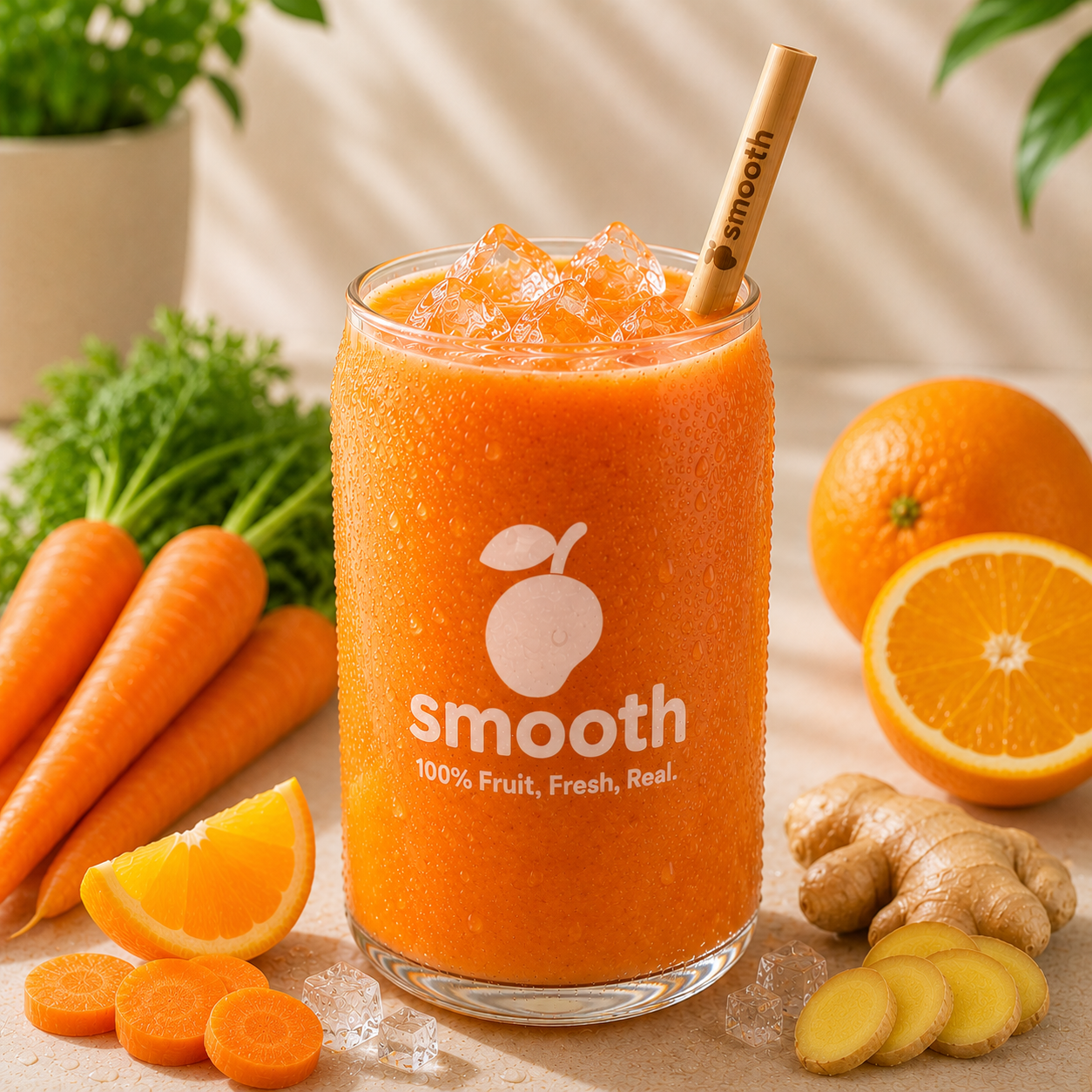 Ginger-Carrots Mix Smoothie Produktbild im hellen Premium-Stil mit Smooth Logo